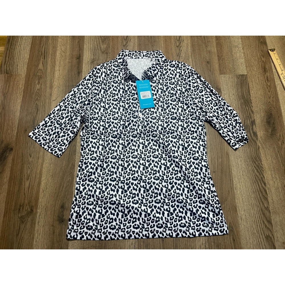 NVO Shirt, Womens Medium, White Black Cheetah Print, 3/4 Sleeve, 1/4 Button
